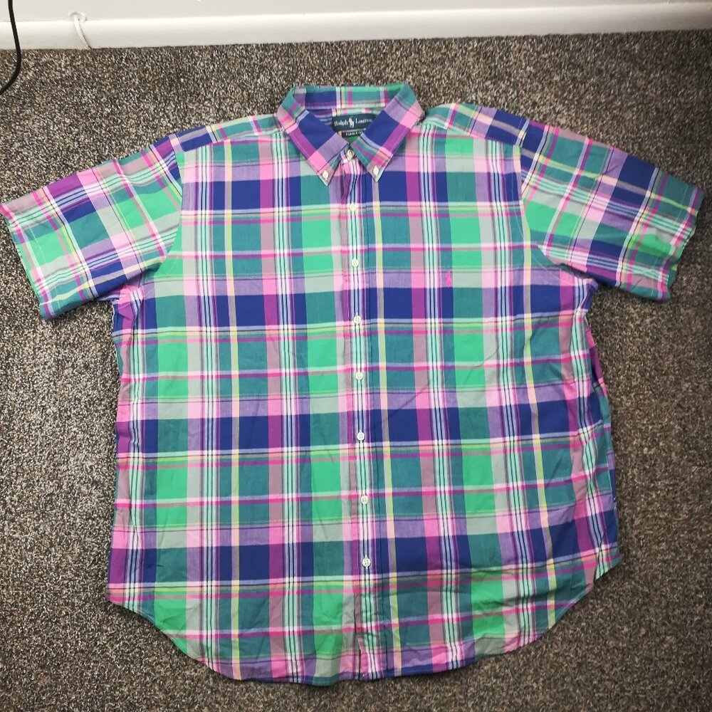 Vintage Polo Ralph Lauren Shirt Indian Madras Plaid Short Sleeve Button Mens 2XB